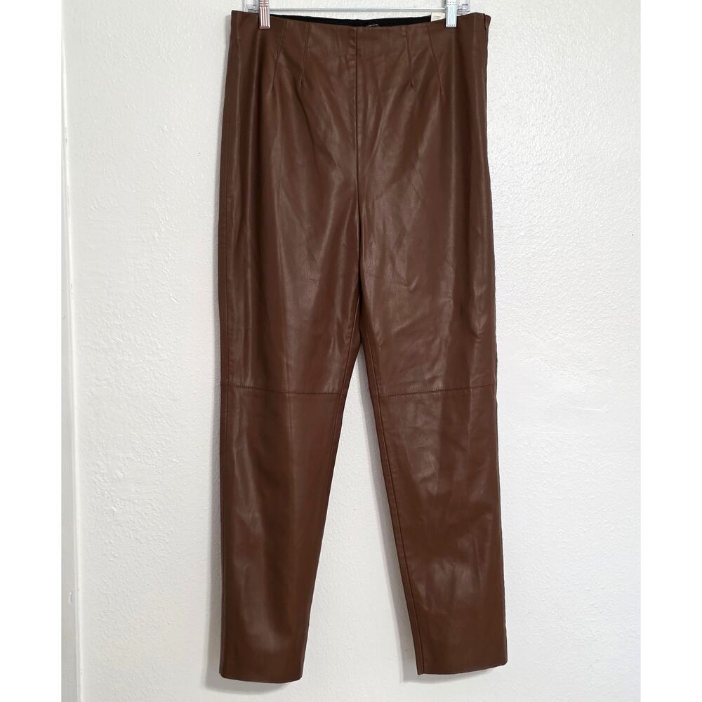 Zara Brown High Waisted Faux Leather Leggings Vegan Cognac Suede Lined Pants - Picture 2 of 14